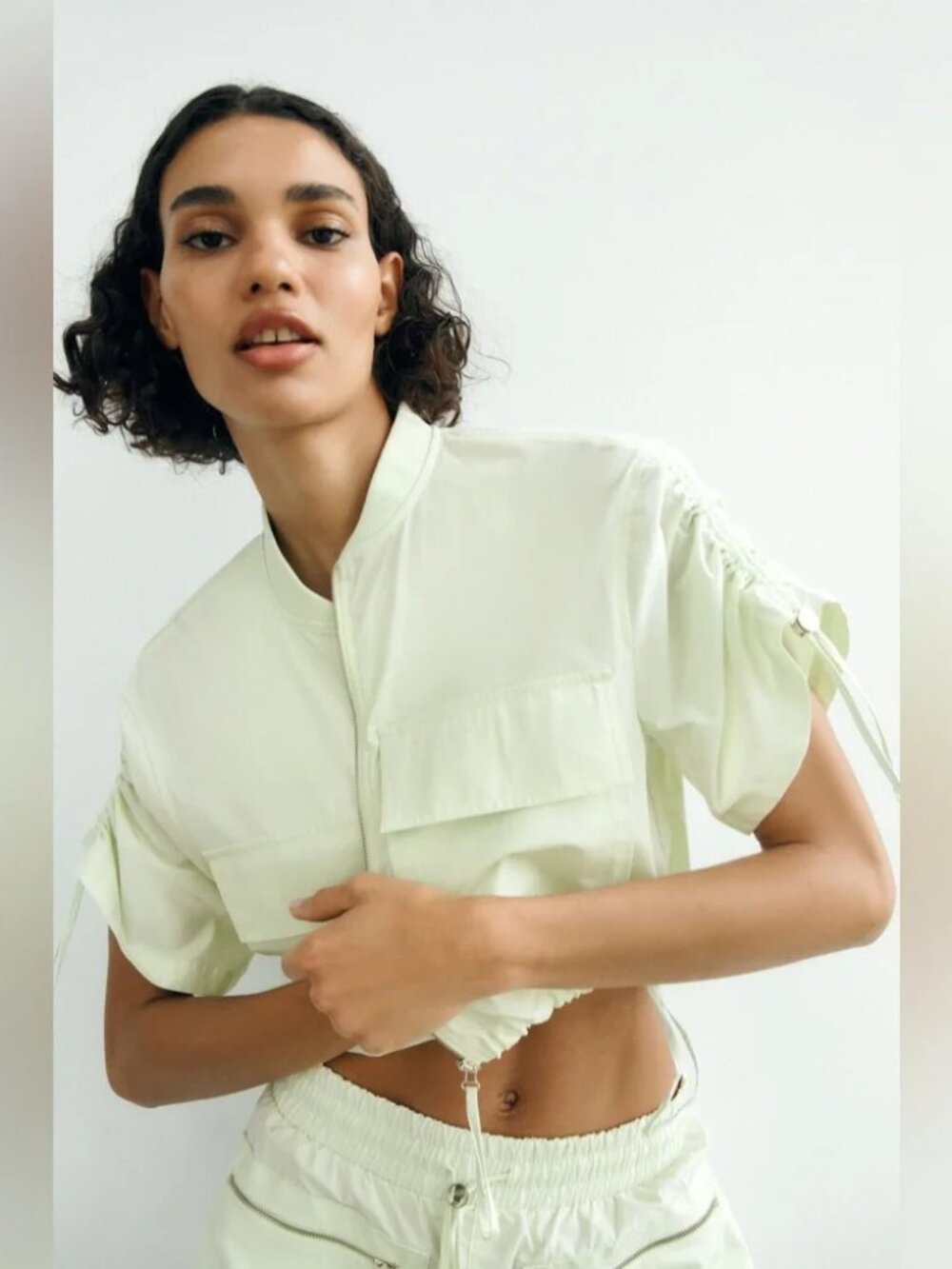 Zara NWT Lime Green Short Sleeve Jacket Small Utility Pullover Drawstring Ruched